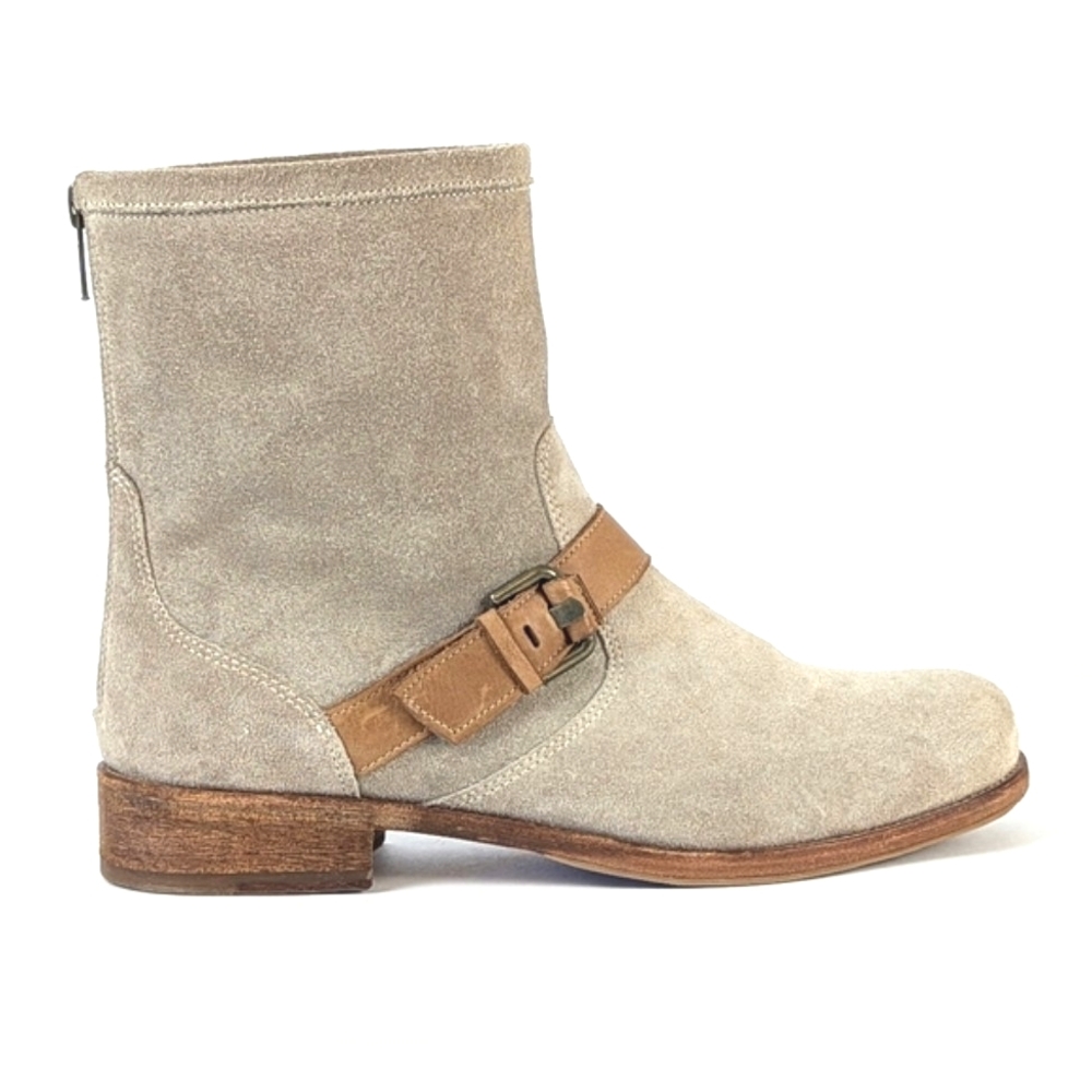 Like New Colisee Paris Suede Moto Buckle Boots Beige Tan Brown Size 38.5